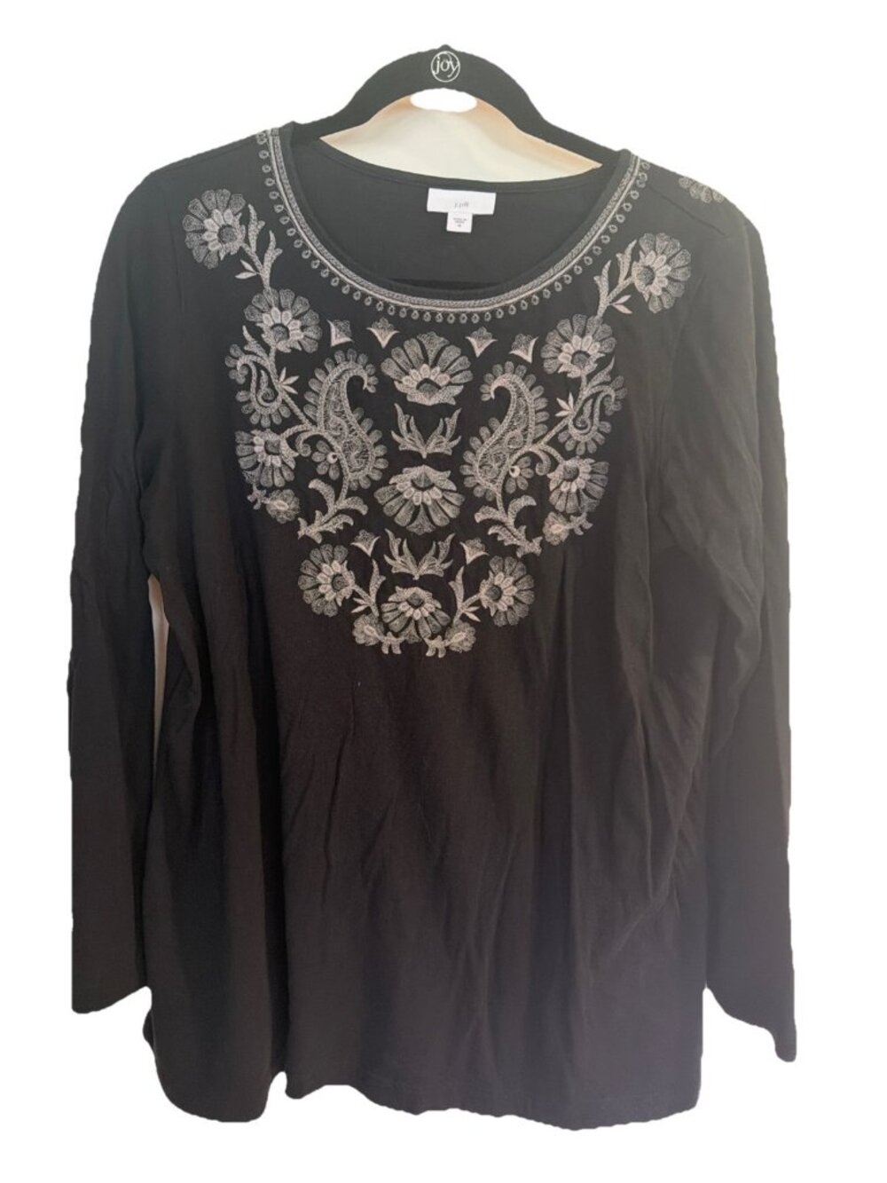 J Jill Embroidered Blouse Top Womens M Black Long Sleeve Round Neck Peasant Boho